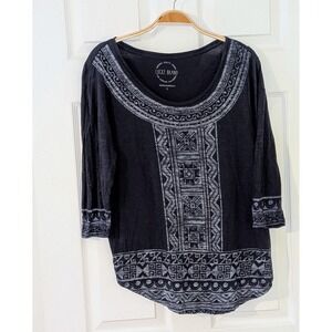 Lucky Brand Top Large Blue Silver Print Scoop Neck 3/4 Sleeve Blouse‎